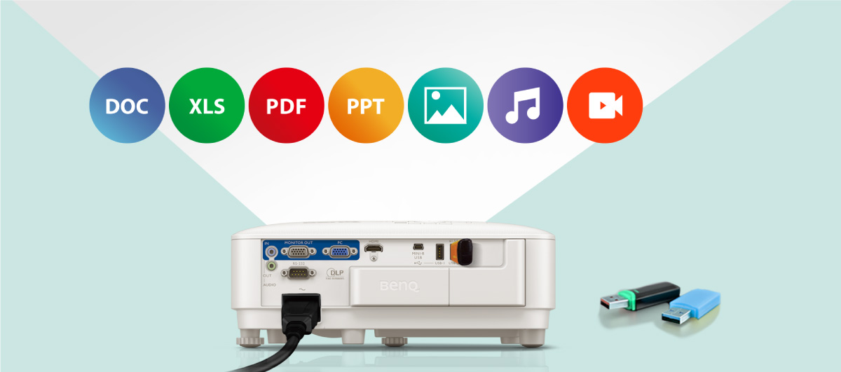 USB supporting a wide range of file formats including JPEG, PDF, Microsoft Word, Excel, PowerPoint files