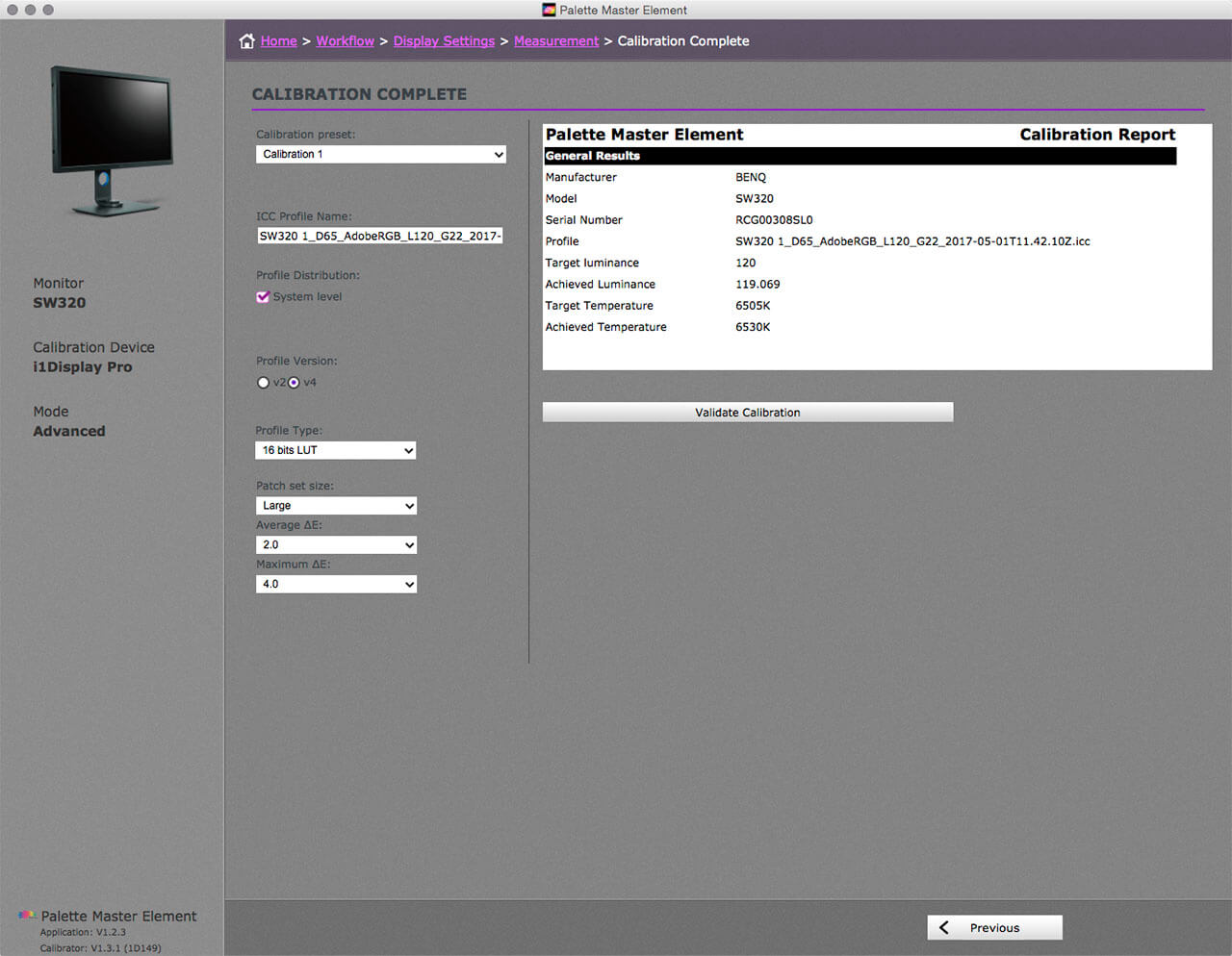 Set up color calibration setting for color management