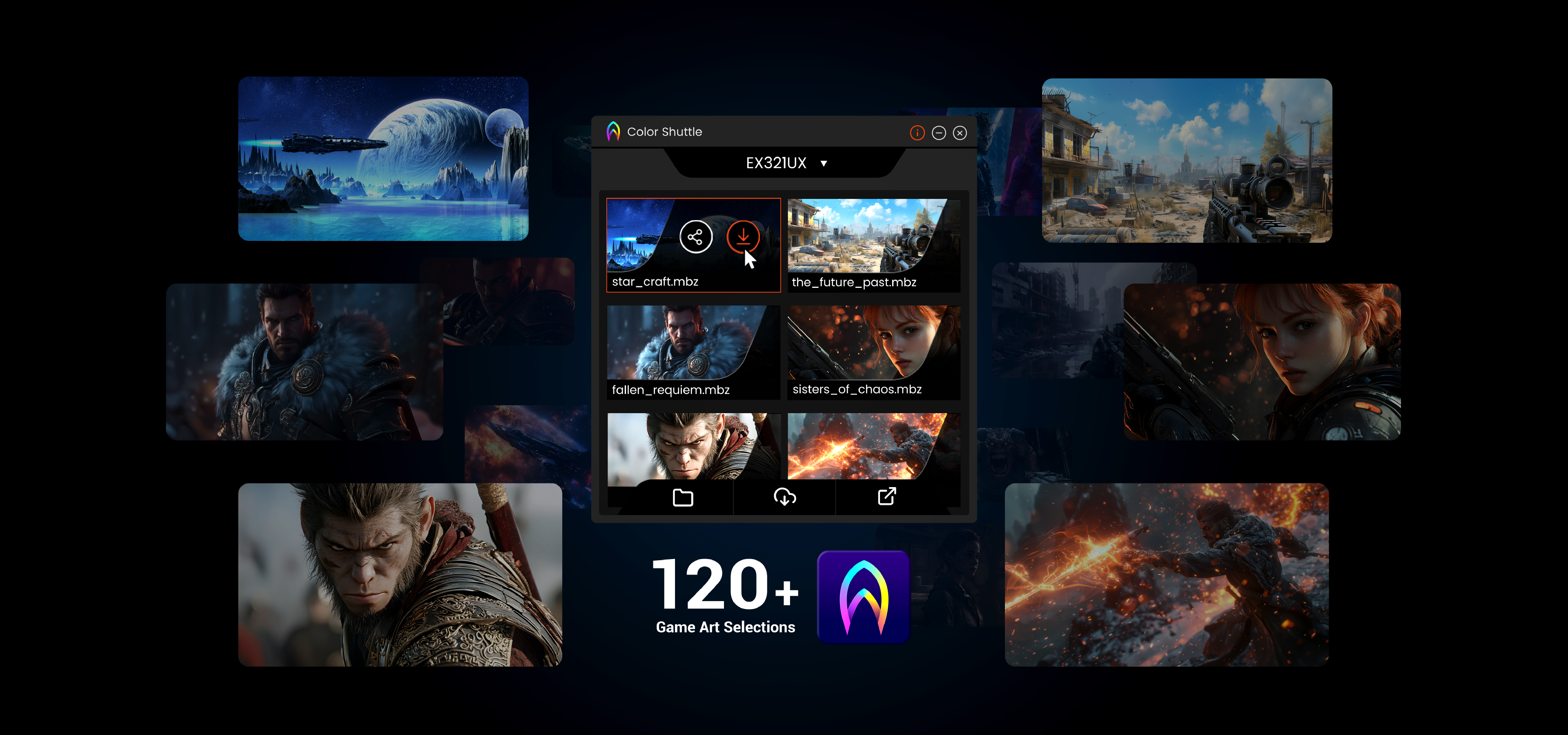 BenQ MOBIUZ carefully crafted 120+ game art color profiles that are available for download from the Color Shuttle software.