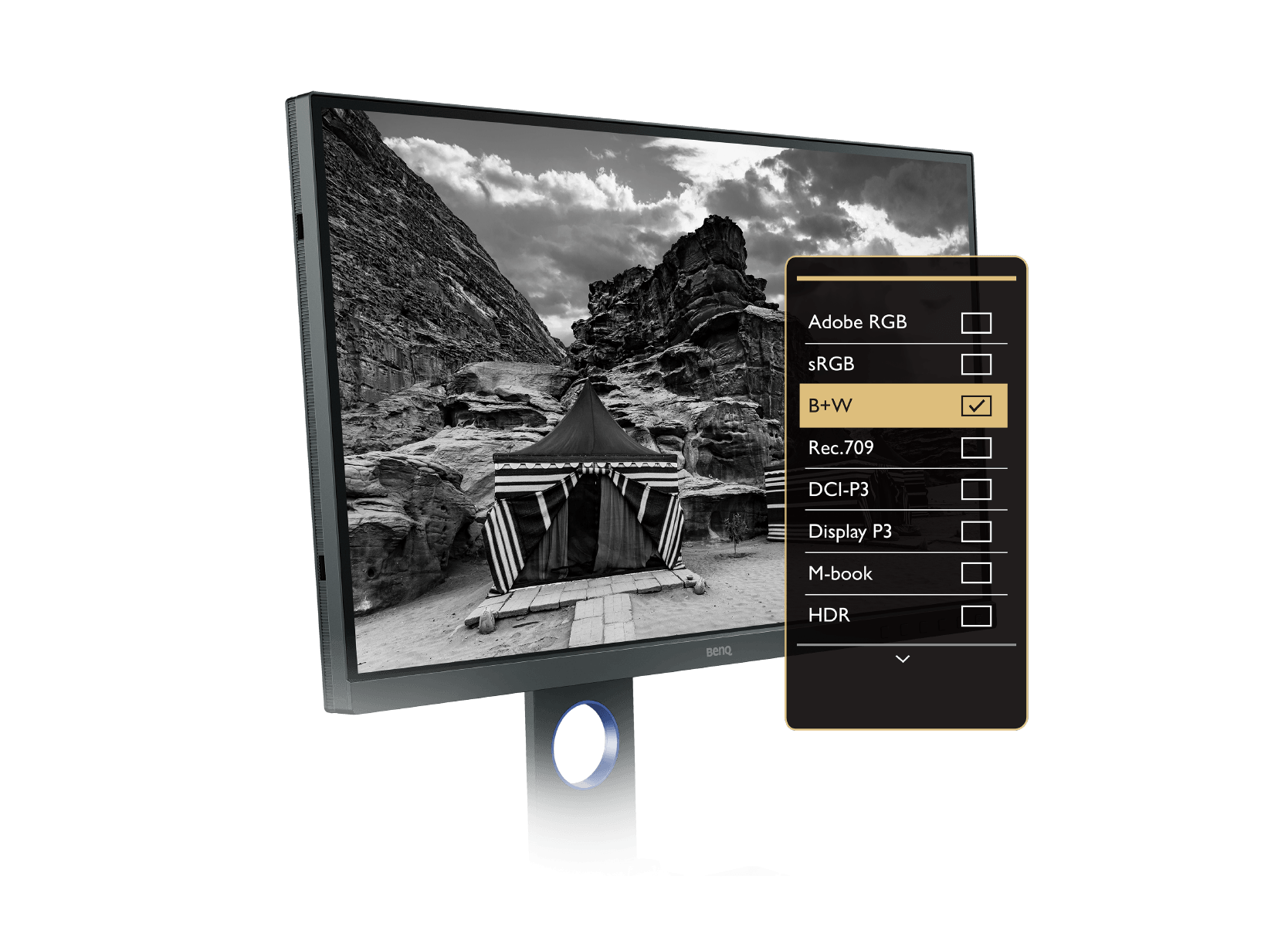 benq photographer monitor provides advanced black & white mode to preview color photos in any of three preset black and white settings before editing