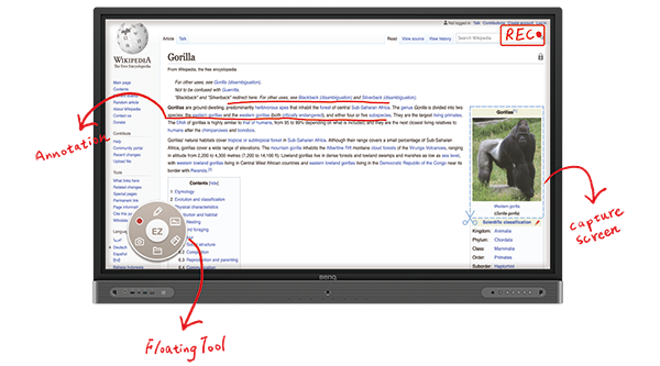 BenQ RP7502 smart education interactive board's Floating Tool for making annotations on any content and web browsers