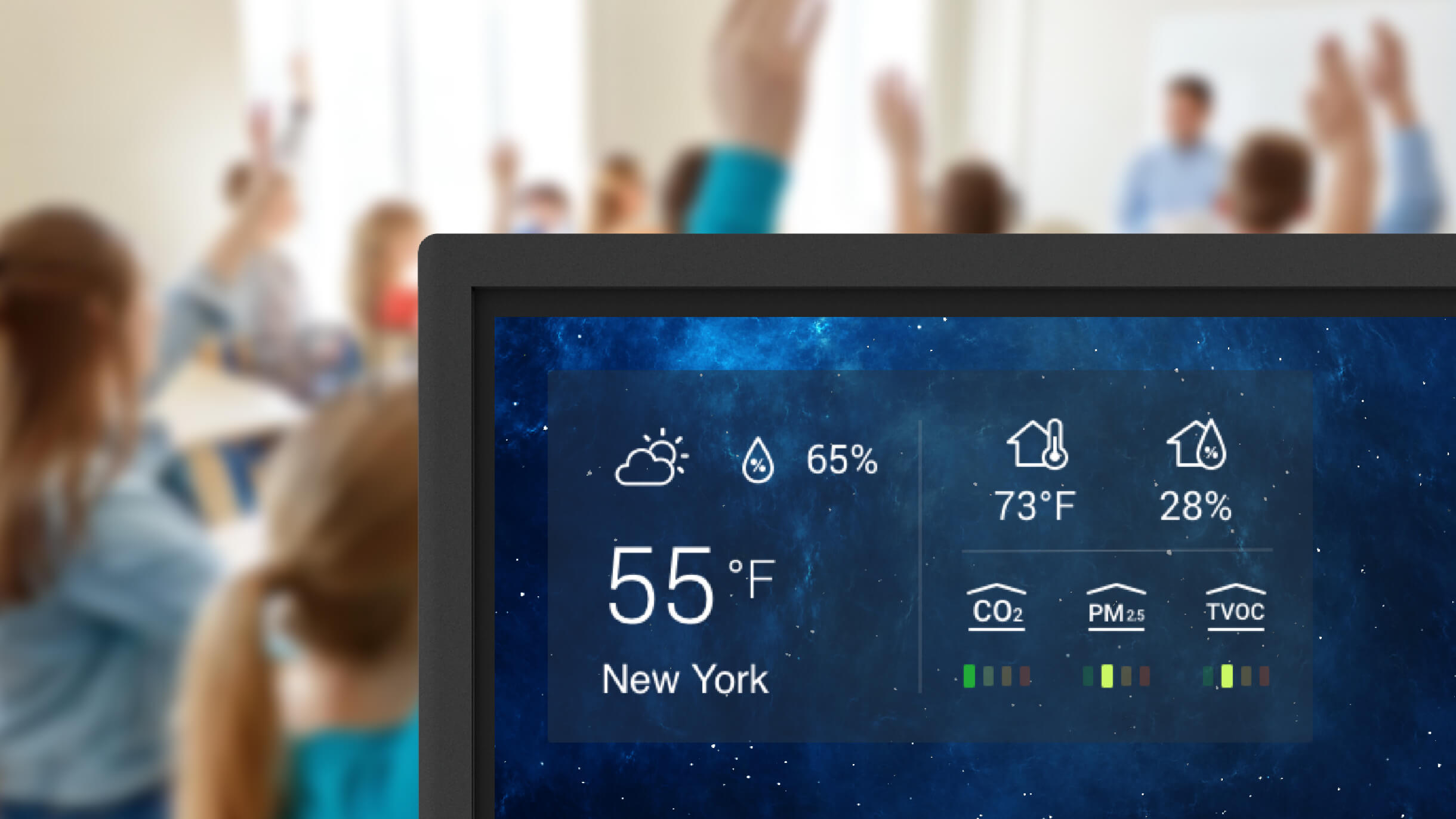 Air quality sensor information widget on display in a classroom