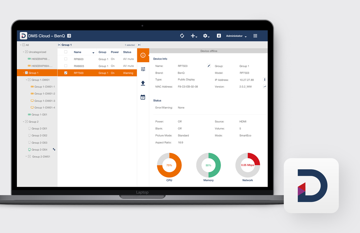 BenQ DMS device management solution dashboard interface