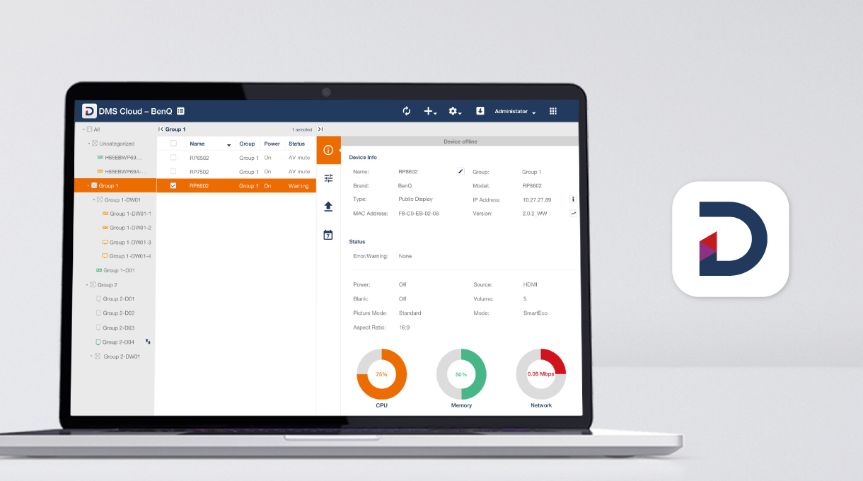 BenQ Smart Projectors with DMS Cloud management tool to easily control devices, manage apps and push updates from a centralized dashboard