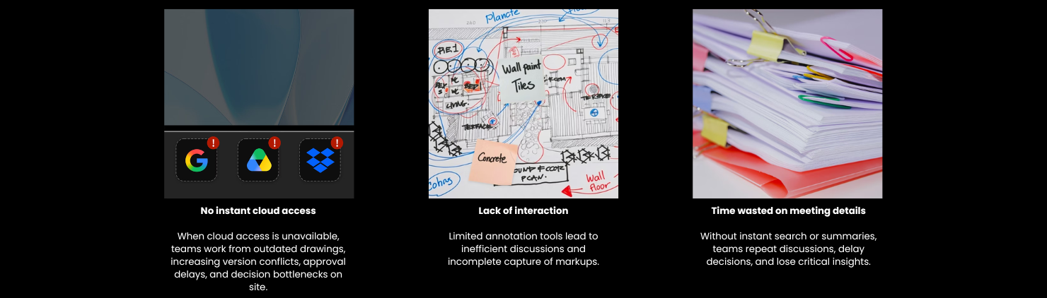 No instant cloud access When cloud access is unavailable, teams work from outdated drawings, increasing version conflicts, approval delays, and decision bottlenecks on site. - 1